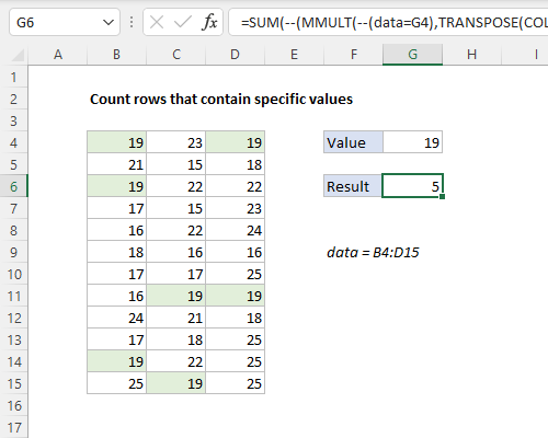 Counting rows that contain 19 with MMULT