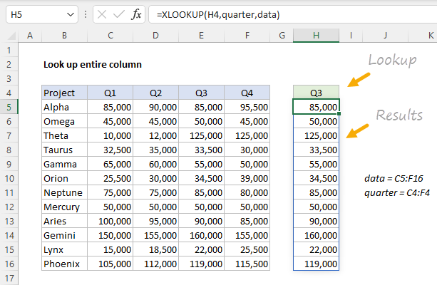 Find and retrieve entire column with XLOOKUP function