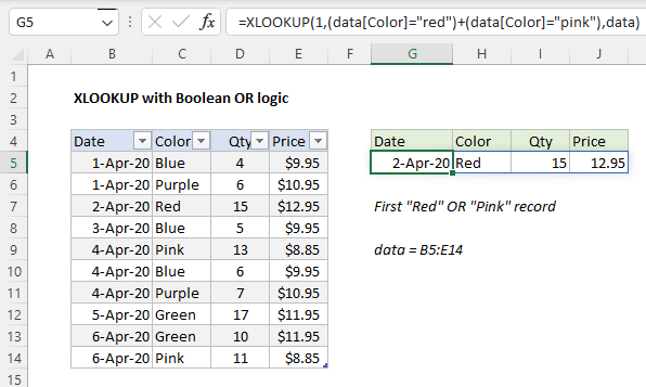 XLOOKUP to find first Red or Pink record