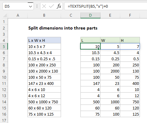 Using the TEXTSPLIT function to extract dimensions