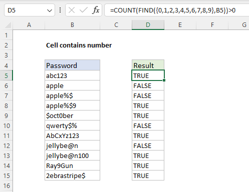 Formula to test a password for a number