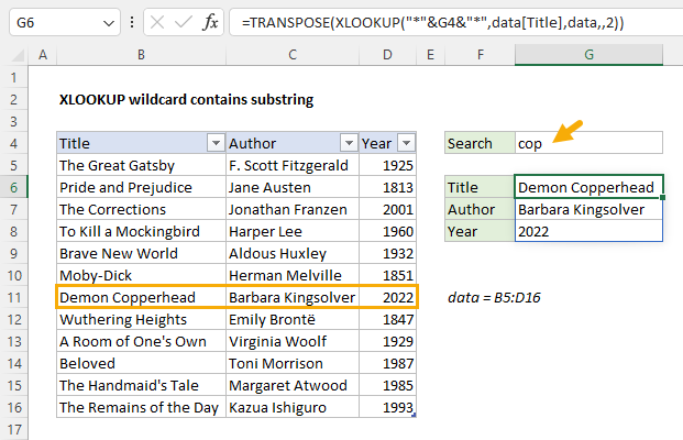 XLOOKUP wildcard match example