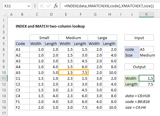 Look up two columns with INDEX and MATCH
