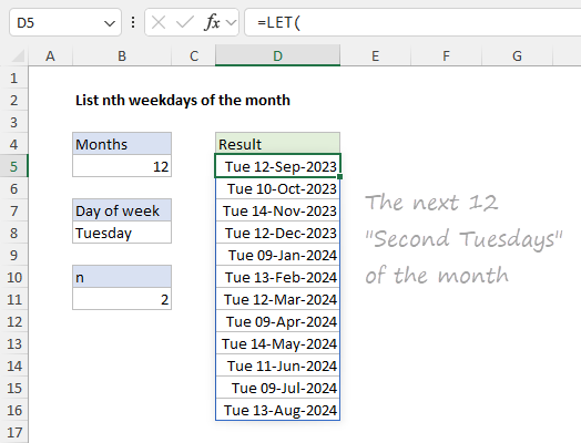 Formula to list the next 12 second Tuesdays of the month