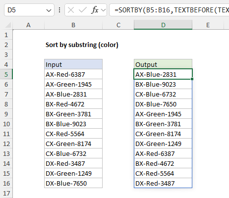 Using the SORTBY function to sort by the color substring