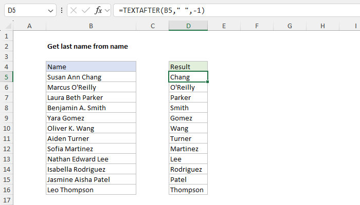 Getting the last name with the TEXTAFTER function.