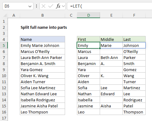 Using the LET function and others to split names