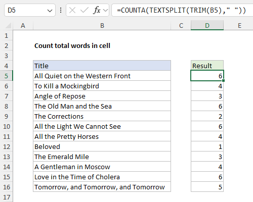 Counting words with the TEXTSPLIT function