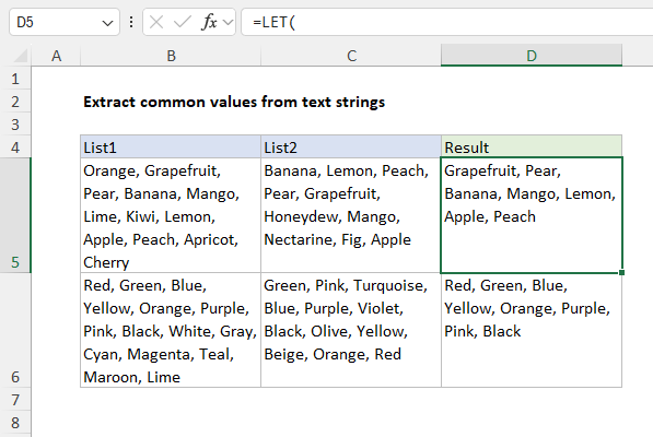 A formula to extract common values from text strings.