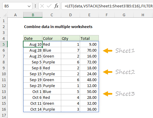 Combining data on three sheets with one formula