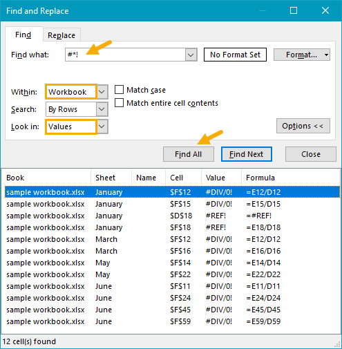 Find formula errors with Find and Replace