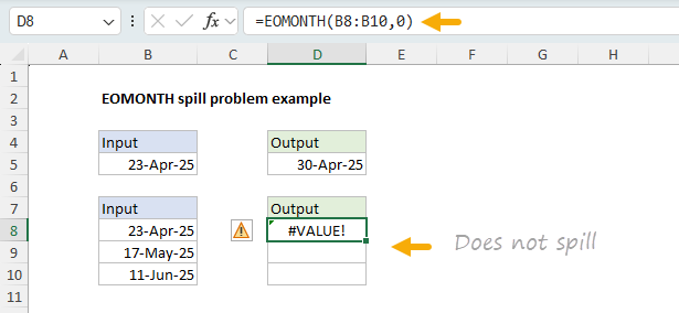 Example of an EOMONTH formula that won't spill