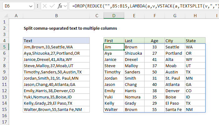 One formula splits all values in column B at the same time