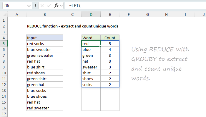 Using Excel's REDUCE function to extract and count words in a range