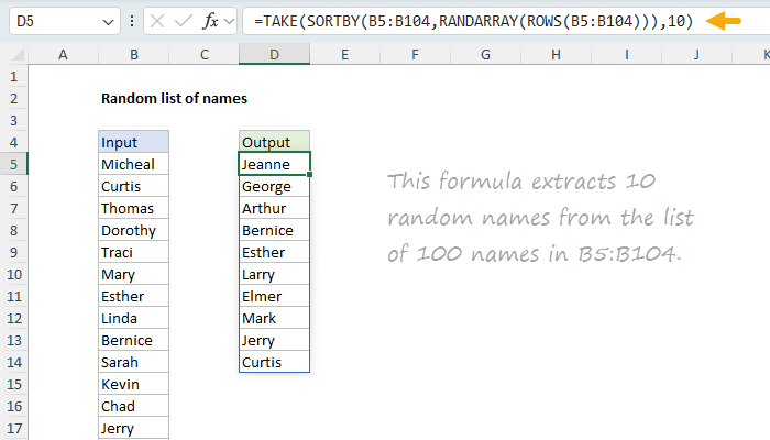 Formula to extract 10 random names from a list of 100.