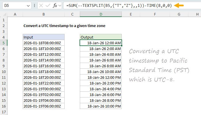 Converting a UTC timestamp to Pacific Standard Time (PST) with TEXTSPLIT