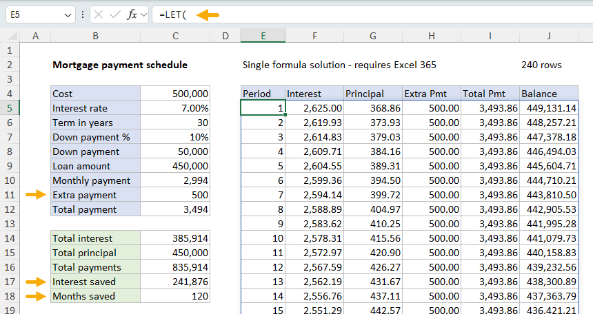 Excel workbook for mortgage schedule with extra payments
