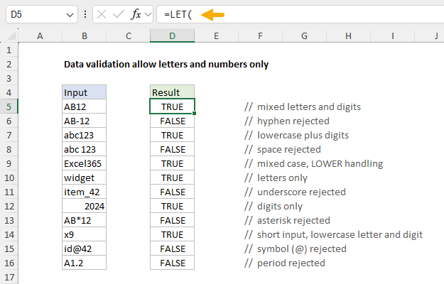 Data validation formula to allow only letters and numbers